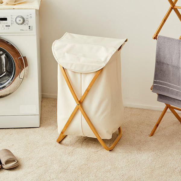 Panier à Linge Pliable en Bois et Tissu