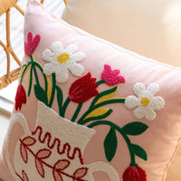Housse de Coussin Vase Fleuri Brodée